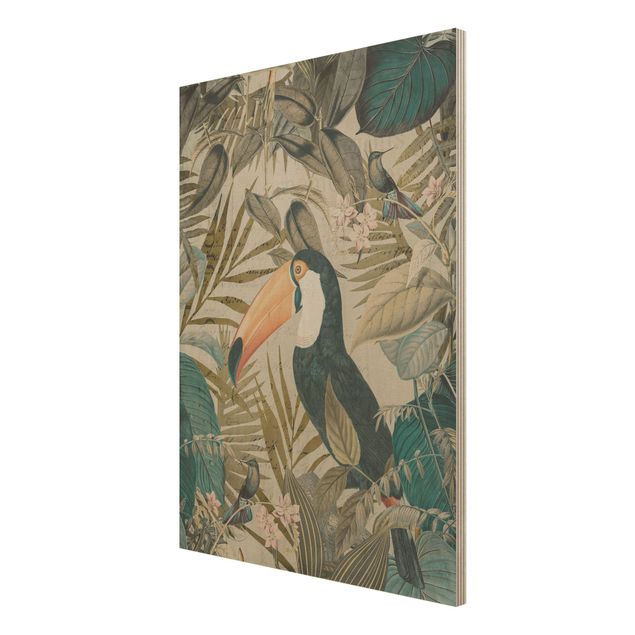 Tableau vintage bois Collage vintage - Toucan dans la jungle