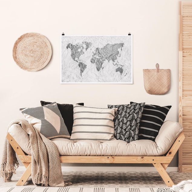Posters en noir et blanc Carte du Monde en Papier Blanc Gris