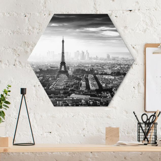 Tableau Paris La Tour Eiffel vue du ciel en noir et blanc