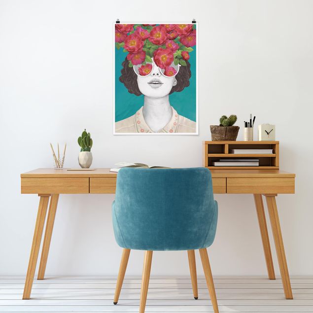 Tableau portraits Illustration Portrait Femme Collage avec Fleurs Lunettes