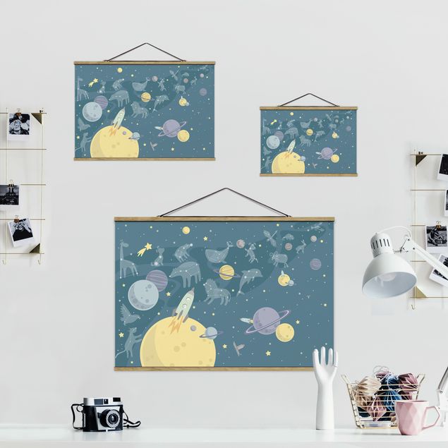 Tableau avec tissu Planètes avec zodiaque et missiles