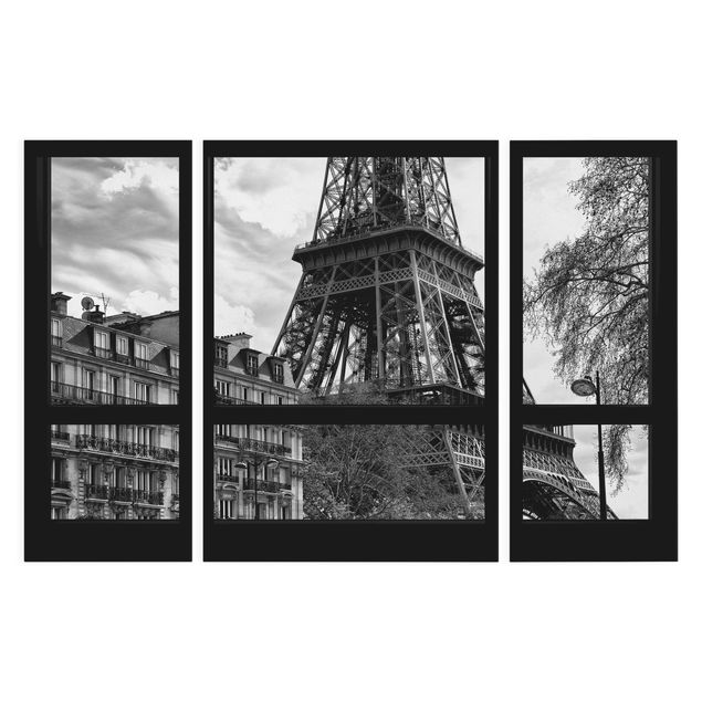 Tableaux sur toile en noir et blanc Window view Paris - Near the Eiffel Tower black and white