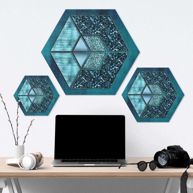 Tableau hexagon Hexagone Bleu avec Contour Doré