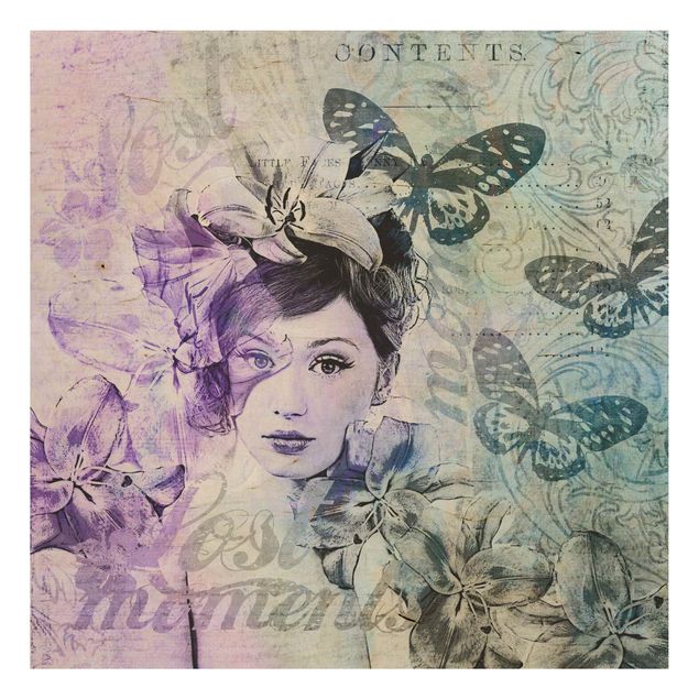 Tableau vintage bois Collage Shabby Chic - Portrait avec papillons
