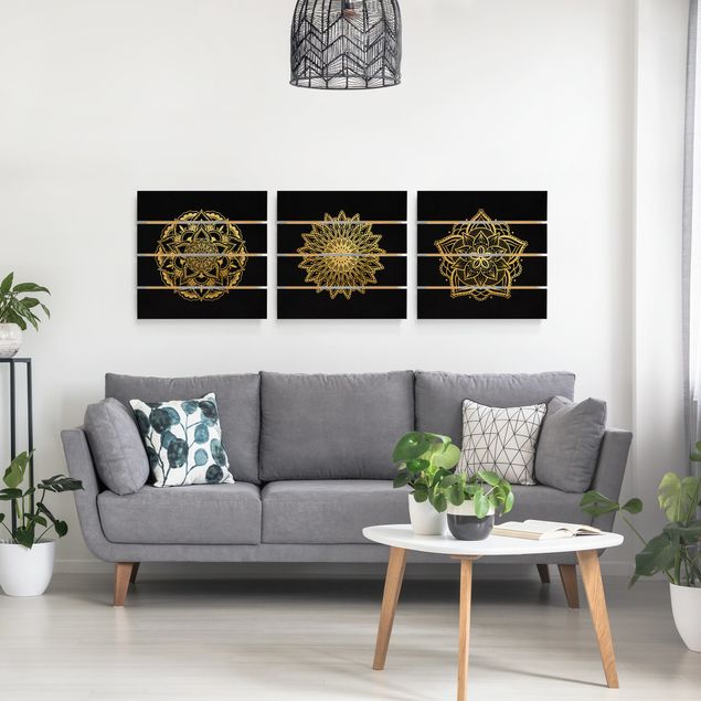 Impression sur bois Mandala Flower Sun Illustration Set Black Gold