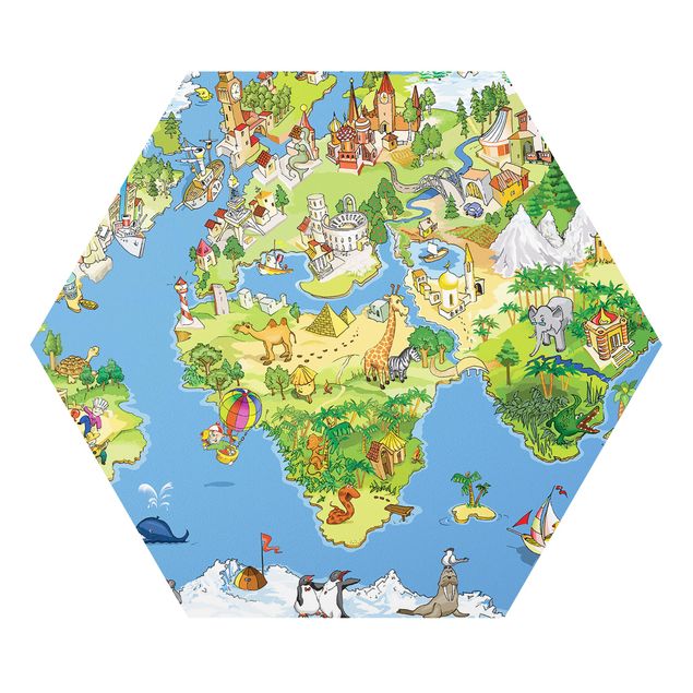 Tableau ton bleu Grande et drôle carte du monde