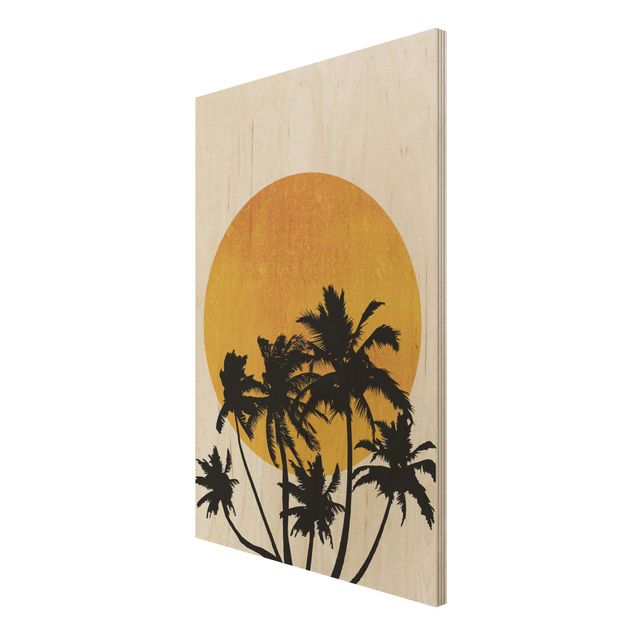 Tableaux en bois avec paysage Palmiers devant un soleil doré