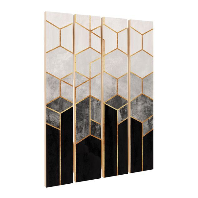 Impression sur bois - Golden Hexagons Black And White