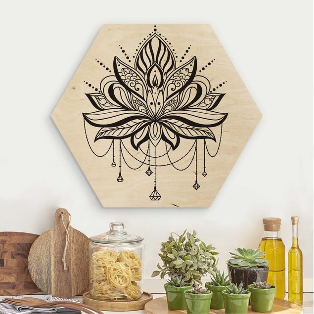Tableaux en bois avec fleurs Lotus mit Ketten