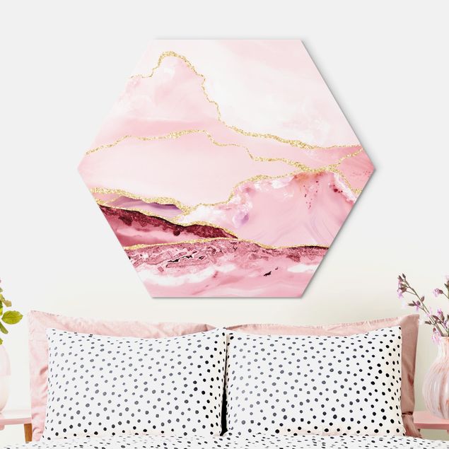 Déco mur cuisine Abstract Mountains Pink With Golden Lines