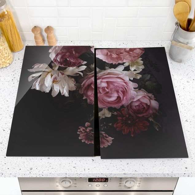 Cache plaques de cuisson fleurs Fleurs roses sur fond noir