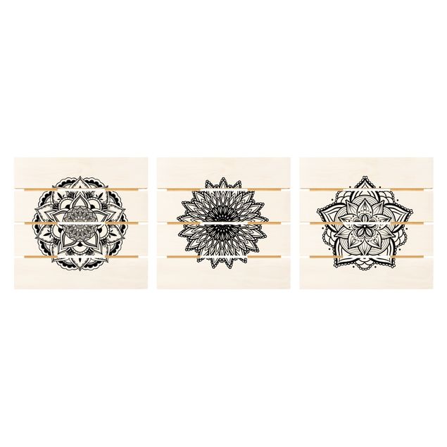 Impression sur bois - Mandala Flower Sun Illustration Set Black And White