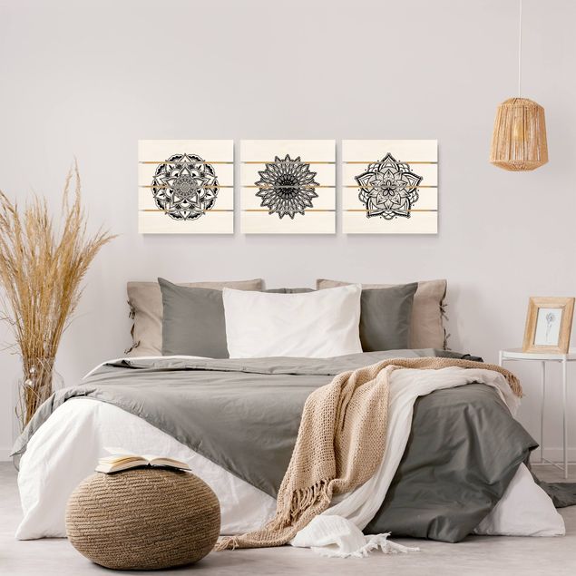 Tableaux en bois Mandala Flower Sun Illustration Set Black And White