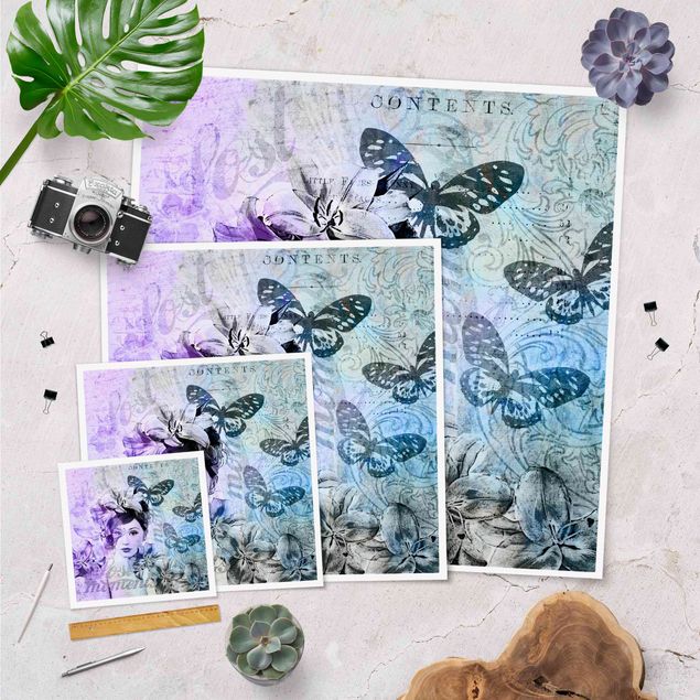 Tableaux muraux Collage Shabby Chic - Portrait avec papillons