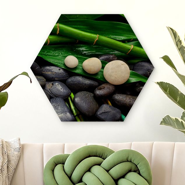 Déco murale cuisine Bambou vert avec pierres zen