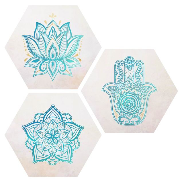 Tableaux dessins Mandala La main de Fatma Lotus Illustration Or Bleu