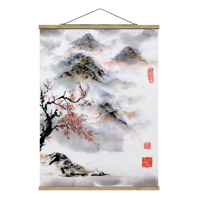 Tableau montagne Dessin aquarelle japonais Cerisier et montagnes