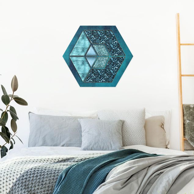 Tableaux moderne Hexagone Bleu avec Contour Doré