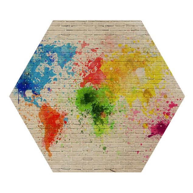 Hexagone en bois - White Brick Wall World Map