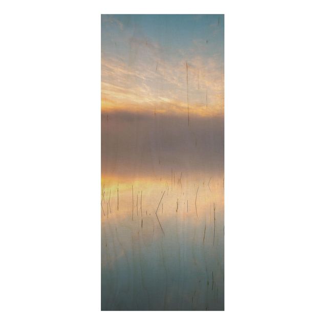 Tableaux en bois avec paysage Lever de soleil sur un lac suédois