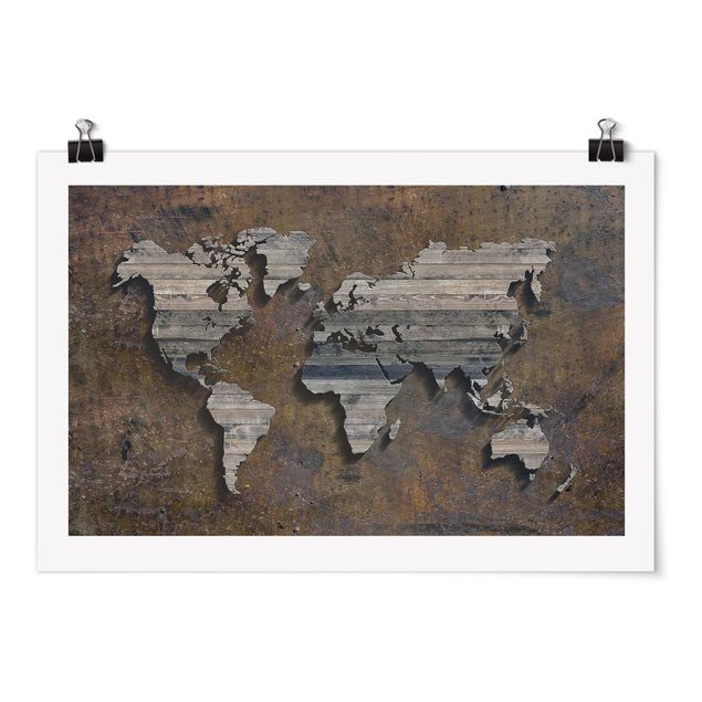 Tableaux mappemonde Carte du monde avec grille en bois