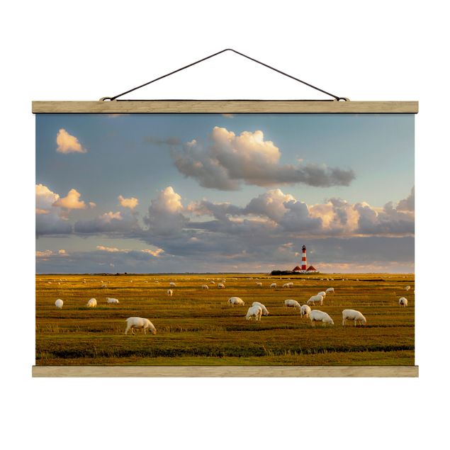 Tableau bord de mer Phare de la mer du Nord avec un troupeau de moutons