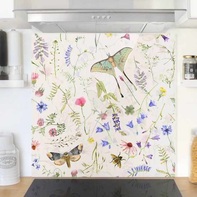 Déco murale cuisine Papillons et fleurs sur fond crème