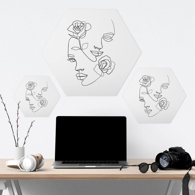 Tableau hexagonal Line Art Visages Femmes Roses Noir et Blanc