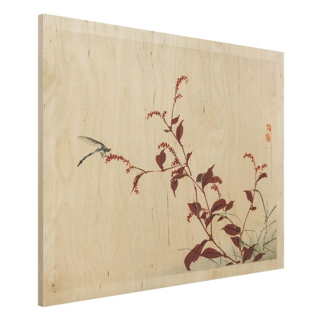 Déco mur cuisine Dessin vintage asiatique Branche rouge avec libellule