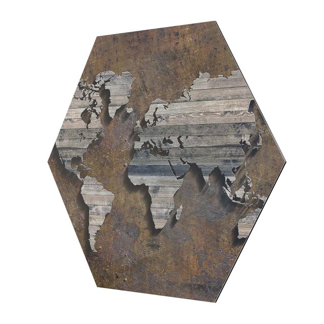 Tableaux muraux Carte du monde avec grille en bois