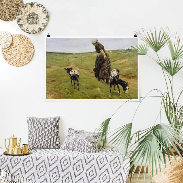 Toile impressionniste Femme avec des chèvres dans les dunes