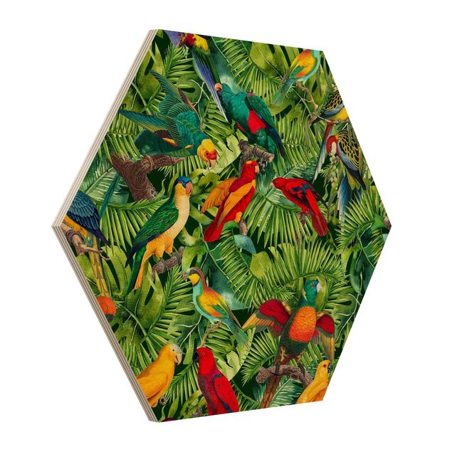Tableau moderne Collage coloré - Perroquets dans la jungle