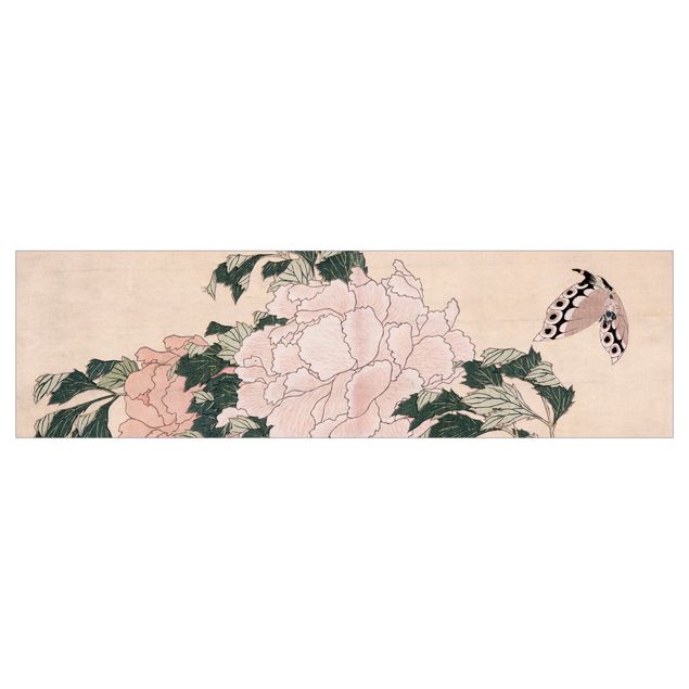 Films autocollants Katsushika Hokusai - Pivoines roses avec papillon