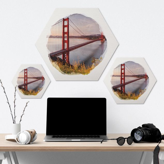 Hexagone en alu Dibond - WaterColours - Golden Gate Bridge In San Francisco