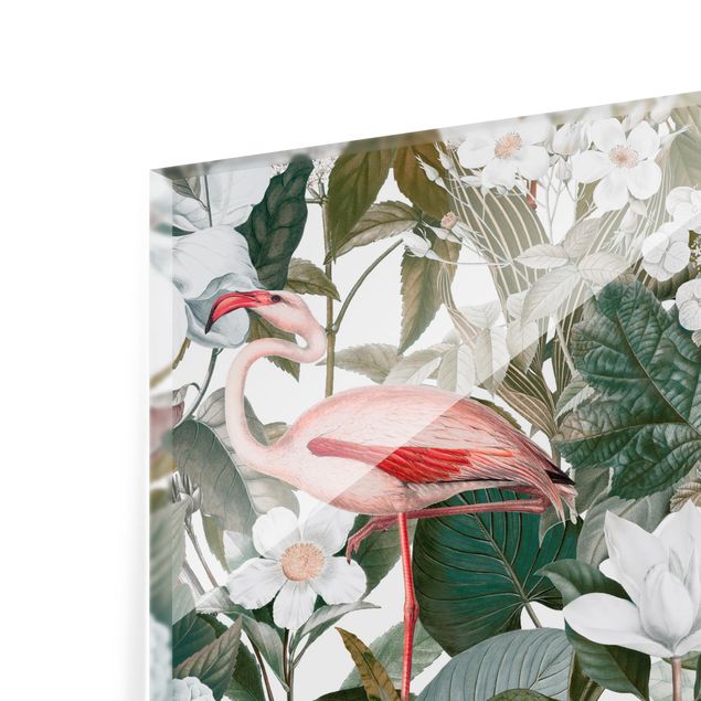 Fonds de hotte - Pink Flamingos With Leaves And White Flowers - Carré 1:1