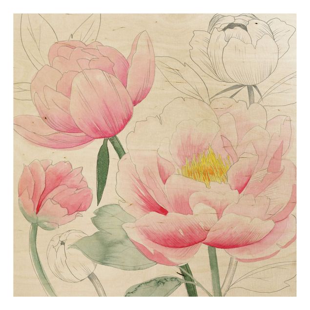 Tableaux en bois avec fleurs Dessin Pivoines rose clair