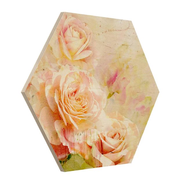 Tableaux bois Composition de roses à l'aquarelle