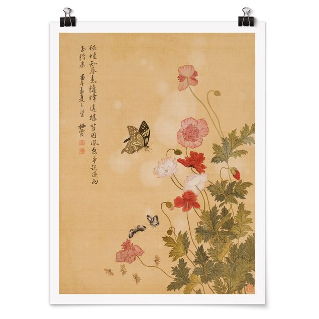 Tableau artistique Yuanyu Ma - Coquelicot et papillon