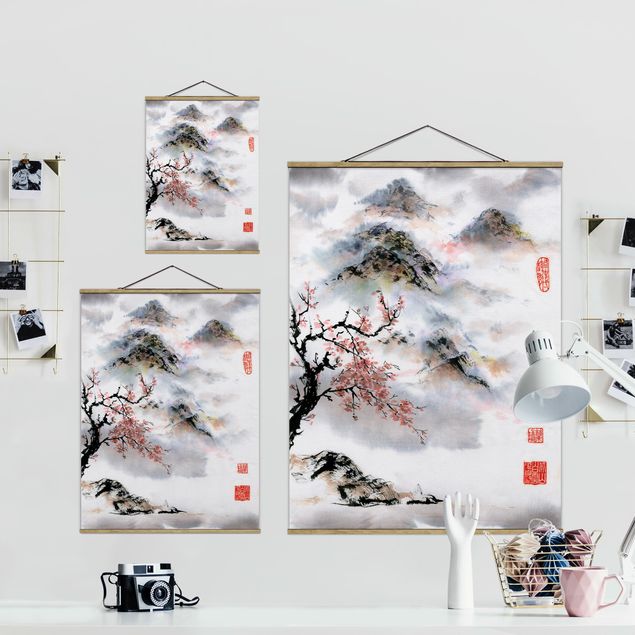 Tableau deco nature Dessin aquarelle japonais Cerisier et montagnes