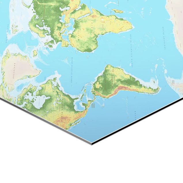 Hexagone en alu Dibond - Physical World Map