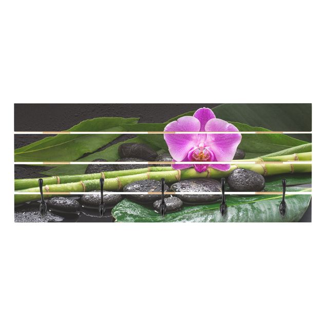 Porte-manteaux muraux verts Bambou vert avec fleur d'orchidée