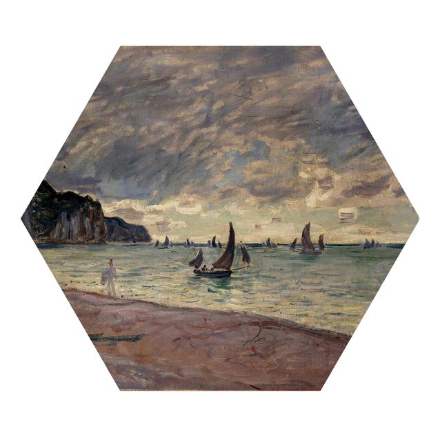 Tableaux en bois avec plage & mer Claude Monet - Bateaux de pêche devant la plage et les falaises de Pourville