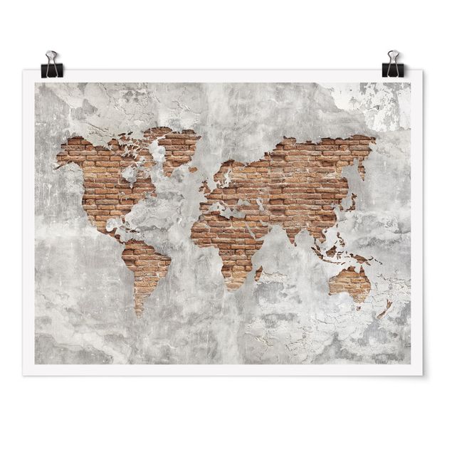 Tableau carte du monde Carte du Monde en Brique de Béton Shabby