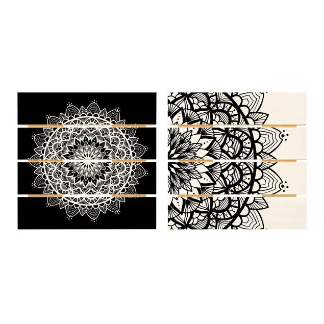 Impression sur bois - Mandala Illustration Shabby Set Black White