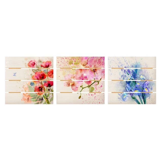 Tableaux bois Trio de fleurs aquarelles