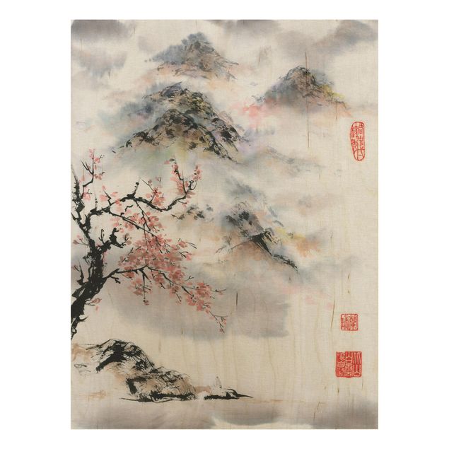 Tableaux en bois avec fleurs Dessin aquarelle japonais Cerisier et montagnes