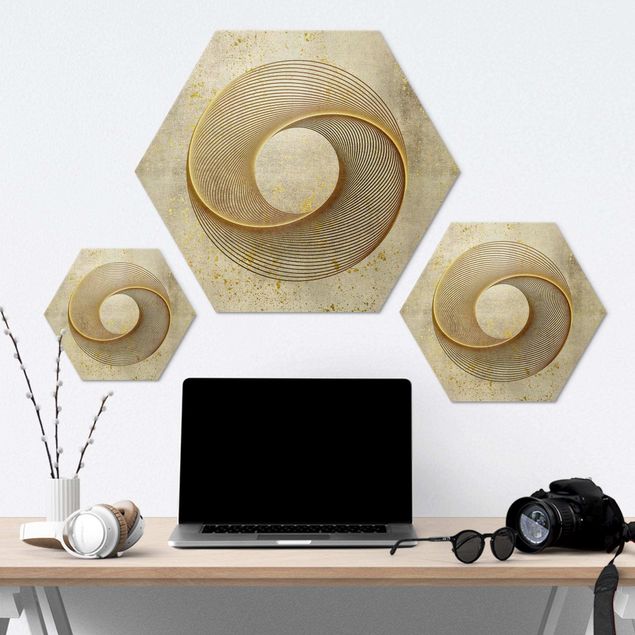 Hexagone en alu Dibond - Line Art Circling Spirale Gold