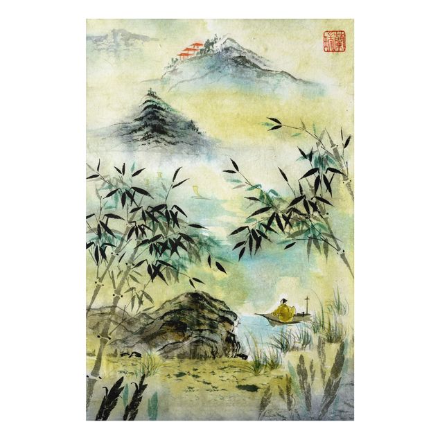 Tableau paysage Dessin Aquarelle Japonaise Forêt de Bambous