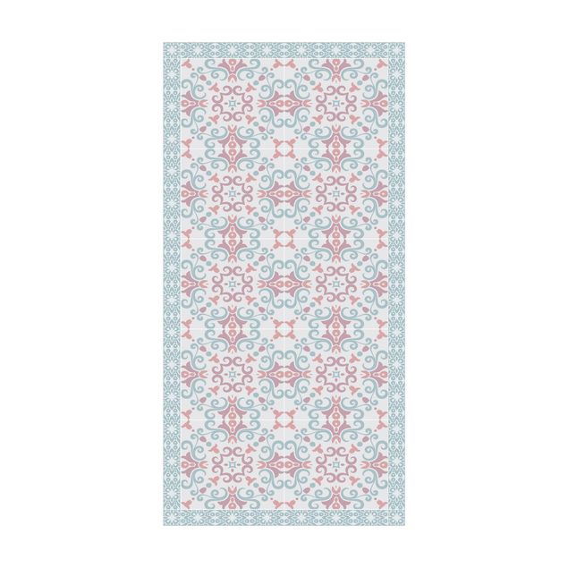 tapis imitation carreaux de ciment Carreaux Floraux Bleu Violet Folklore avec Bordure