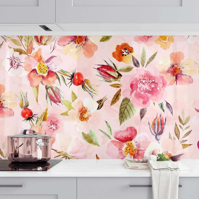 Déco mur cuisine Fleurs aquarelles sur rose clair